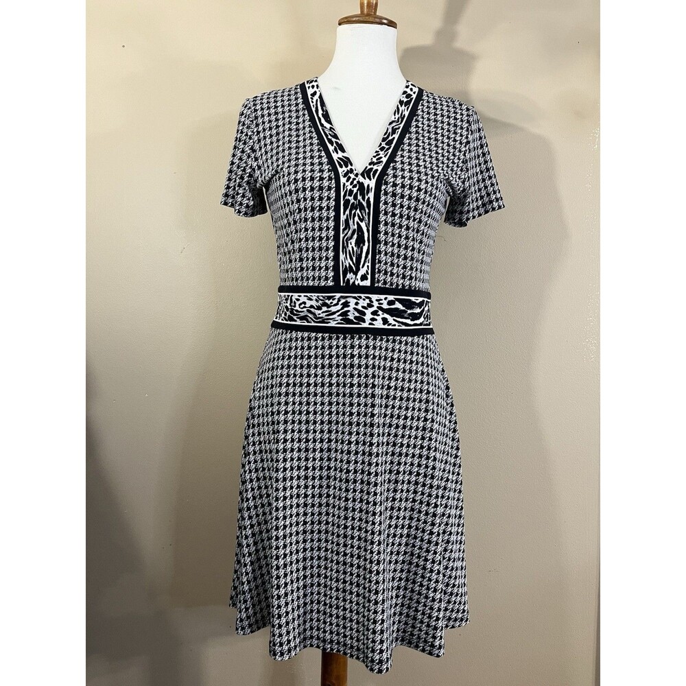 Michael Kors Dress Women P/M Black White Houndstooth Animal Print Trim
